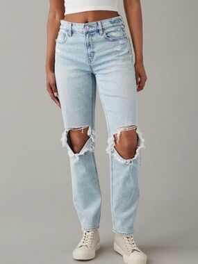 American Eagle Stretch Super High Rise Ankle Straight Jeans Distressed Size 6